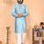 Sky blue viscose silk embroidered kurta pyjama set for men | band collar festive wear
