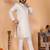 Beige woven jacquard kurta pyjama set for men | band collar festive wedding wear