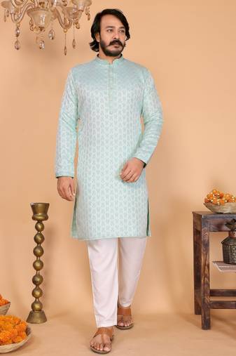 Mint green jacquard zari-woven band collar kurta pyjama set for men     designer festive wear