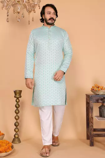 Mint green jacquard zari-woven band collar kurta pyjama set for men     designer festive wear