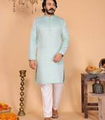 Mint green jacquard zari-woven band collar kurta pyjama set for men     designer festive wear