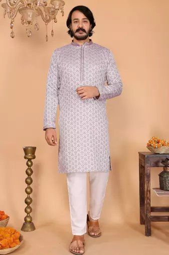Lilac jacquard zari-woven kurta pyjama set for men     band collar designer festive wear