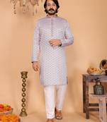 Lilac jacquard zari-woven kurta pyjama set for men     band collar designer festive wear