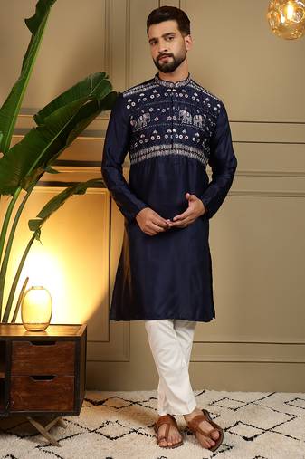 Navy blue embroidered viscose silk kurta pyjama set for men with elephant motifs     band collar design