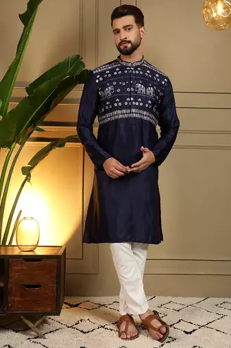 Navy blue embroidered viscose silk kurta pyjama set for men with elephant motifs     band collar design