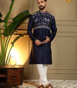 Navy blue embroidered viscose silk kurta pyjama set for men with elephant motifs     band collar design