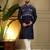 Navy blue embroidered viscose silk kurta pyjama set for men with elephant motifs     band collar design