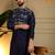 Navy blue embroidered viscose silk kurta pyjama set for men with elephant motifs     band collar design