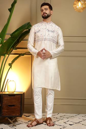 Ivory viscose silk elephant embroidered kurta pyjama set for men     festive & wedding wear