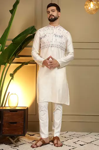 Ivory viscose silk elephant embroidered kurta pyjama set for men     festive & wedding wear