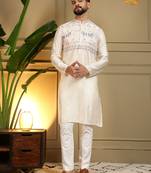 Ivory viscose silk elephant embroidered kurta pyjama set for men     festive & wedding wear