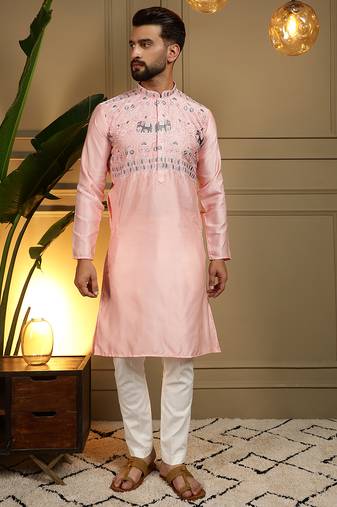 Peach viscose silk elephant embroidered kurta pyjama set for men