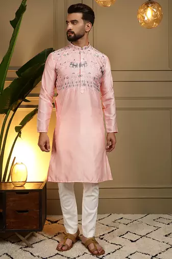 Peach viscose silk elephant embroidered kurta pyjama set for men