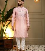 Peach viscose silk elephant embroidered kurta pyjama set for men