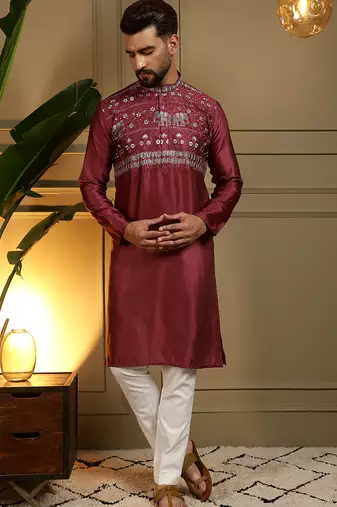 Maroon viscose silk resham embroidered kurta pyjama set for men     band collar festive wear