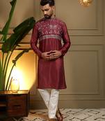 Maroon viscose silk resham embroidered kurta pyjama set for men     band collar festive wear
