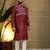 Maroon viscose silk resham embroidered kurta pyjama set for men     band collar festive wear