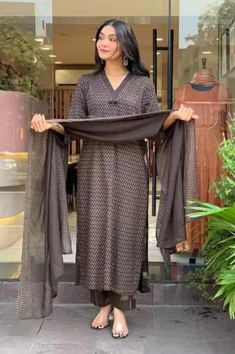 Floral printed brown v neck pure cotton kurta set with trouser & dupatta