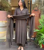 Floral printed brown v neck pure cotton kurta set with trouser & dupatta