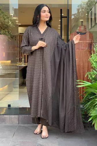 Floral printed brown v neck pure cotton kurta set with trouser & dupatta