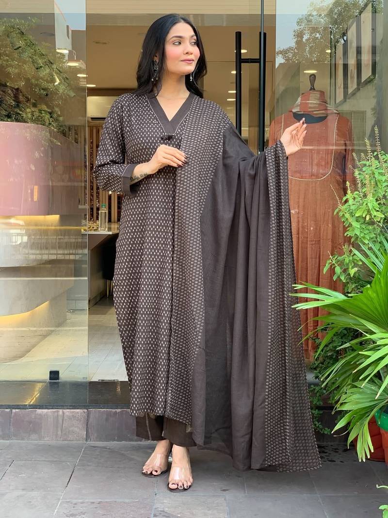 Floral printed brown v neck pure cotton kurta set with trouser & dupatta