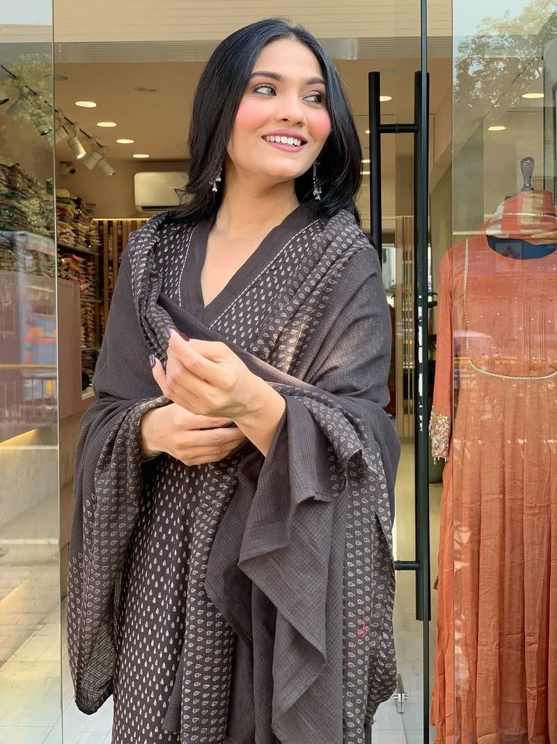 Floral printed brown v neck pure cotton kurta set with trouser & dupatta