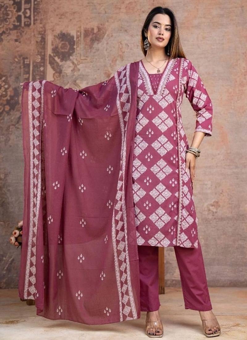 Floral embroidered pink v neck pure cotton kurta set with trouser & dupatta