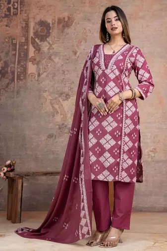 Floral embroidered pink v neck  cotton kurta set with trouser & dupatta