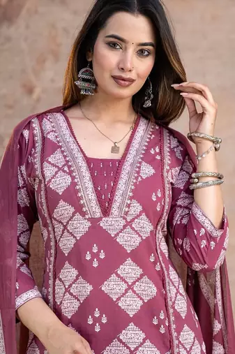 Floral embroidered pink v neck  cotton kurta set with trouser & dupatta