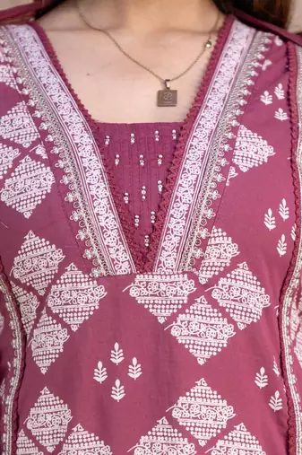 Floral embroidered pink v neck  cotton kurta set with trouser & dupatta