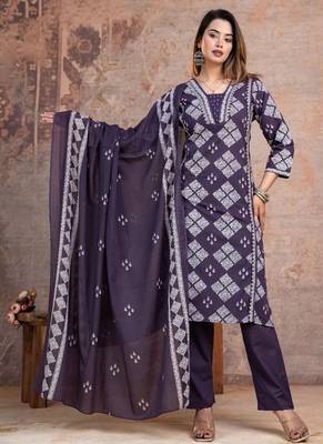 Floral embroidered blue v neck  cotton kurta set with trouser & dupatta 1