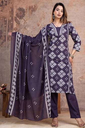 Floral embroidered blue v neck pure cotton kurta set with trouser & dupatta