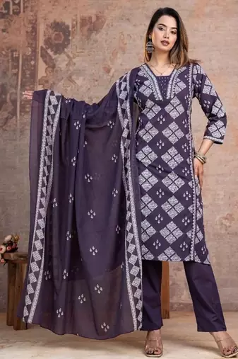 Floral embroidered blue v neck pure cotton kurta set with trouser & dupatta