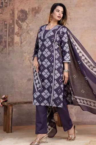 Floral embroidered blue v neck  cotton kurta set with trouser & dupatta