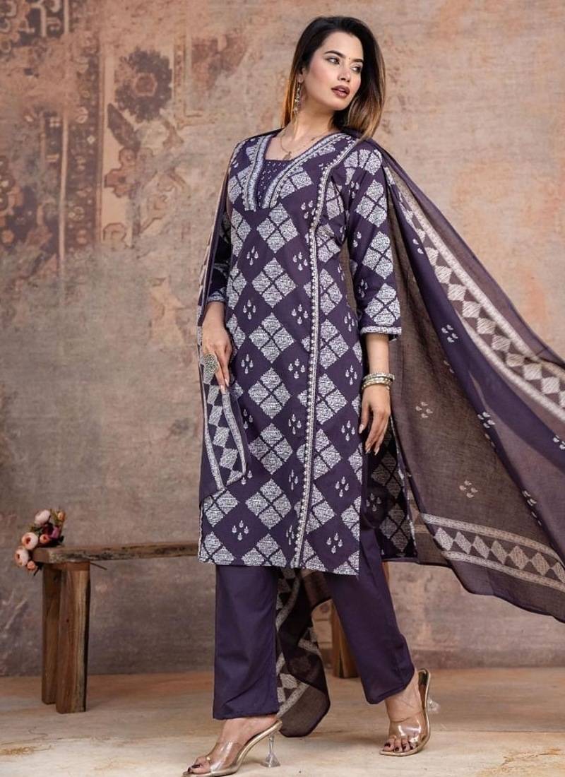 Floral embroidered blue v neck pure cotton kurta set with trouser & dupatta
