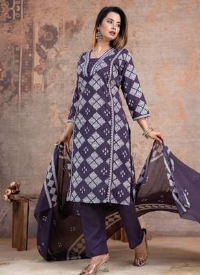 Floral embroidered blue v neck  cotton kurta set with trouser & dupatta 3