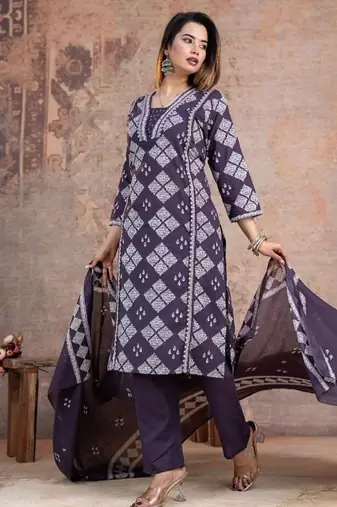 Floral embroidered blue v neck  cotton kurta set with trouser & dupatta