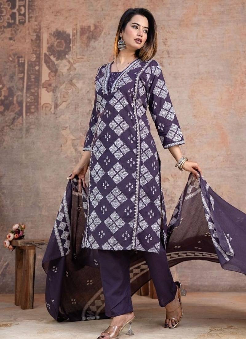 Floral embroidered blue v neck pure cotton kurta set with trouser & dupatta
