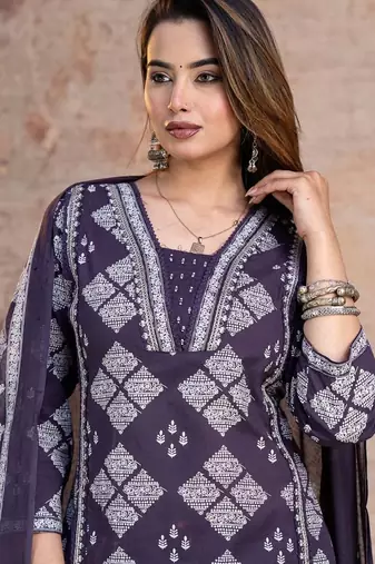 Floral embroidered blue v neck  cotton kurta set with trouser & dupatta