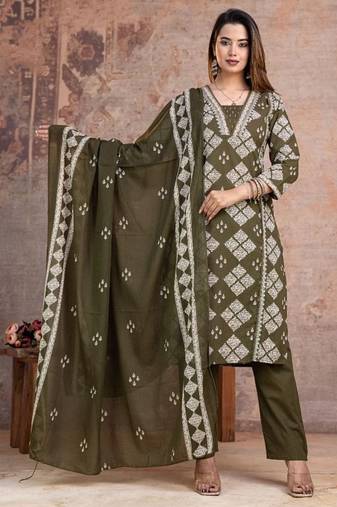 Floral embroidered green v neck pure cotton kurta set with trouser & dupatta