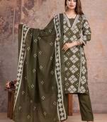 Floral embroidered green v neck pure cotton kurta set with trouser & dupatta