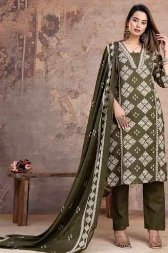 Floral embroidered green v neck  cotton kurta set with trouser & dupatta