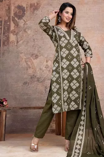 Floral embroidered green v neck  cotton kurta set with trouser & dupatta