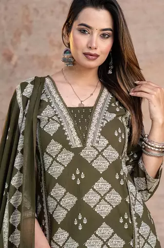 Floral embroidered green v neck  cotton kurta set with trouser & dupatta