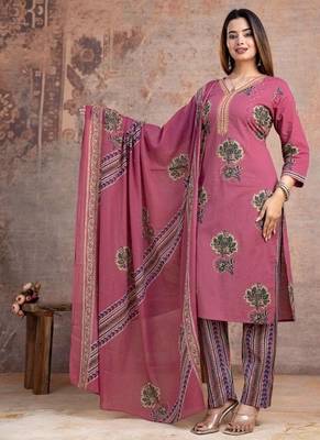 Floral embroidered pink v neck cotton kurta set with trouser & dupatta 1