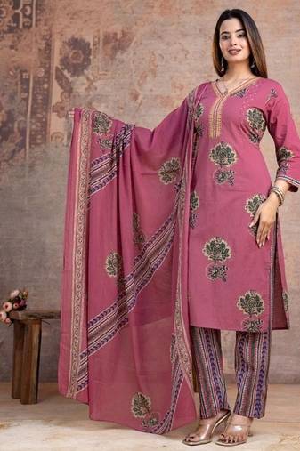 Floral embroidered pink v neck pure cotton kurta set with trouser & dupatta