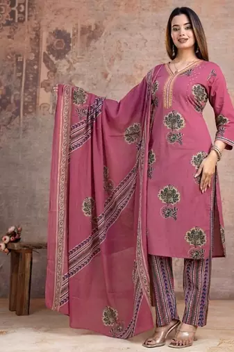 Floral embroidered pink v neck pure cotton kurta set with trouser & dupatta