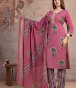 Floral embroidered pink v neck pure cotton kurta set with trouser & dupatta