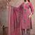 Floral embroidered pink v neck pure cotton kurta set with trouser & dupatta