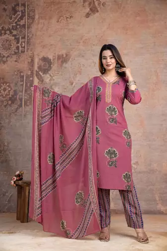 Floral embroidered pink v neck  cotton kurta set with trouser & dupatta